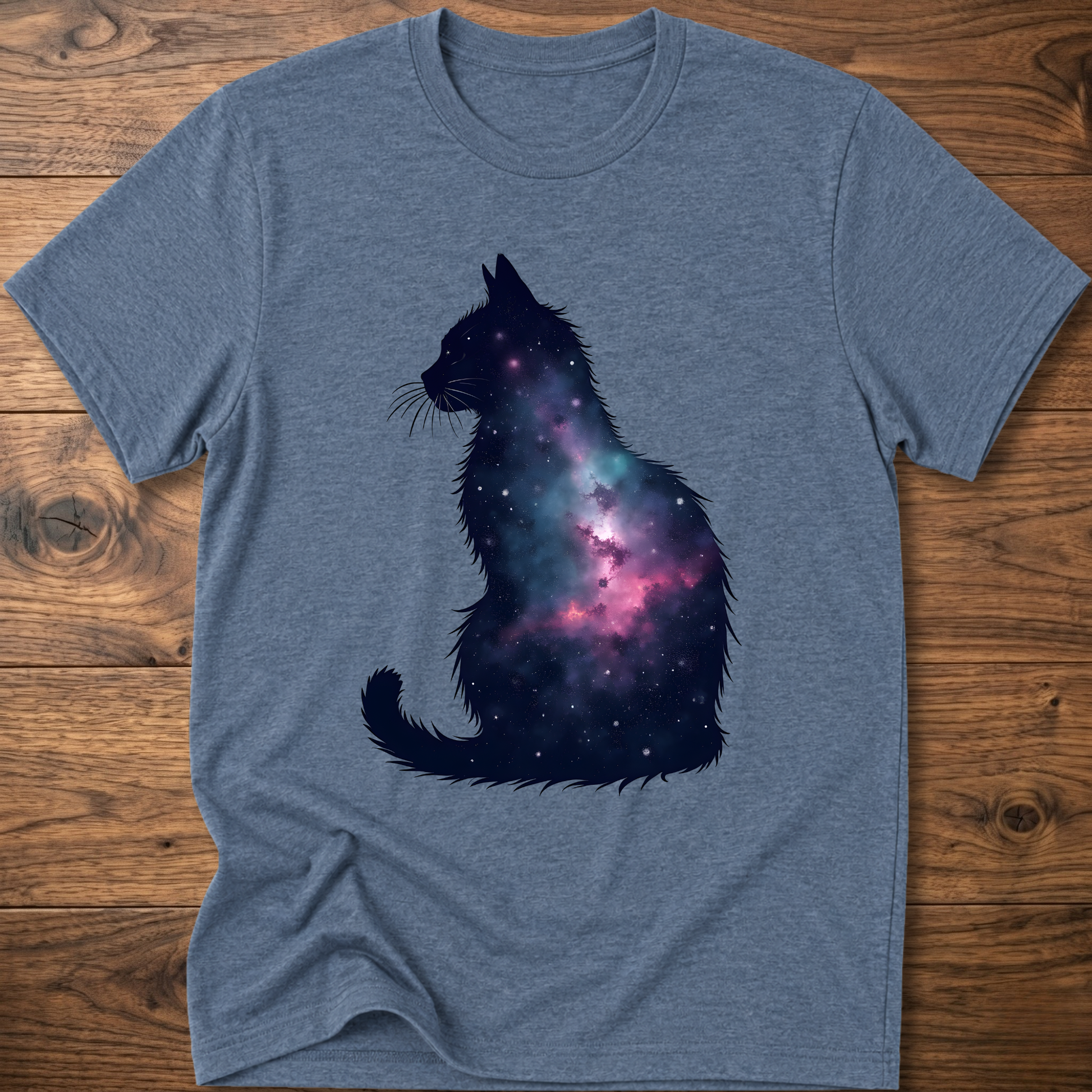 Heather light blue t-shirt with galaxy cat graphic on the front