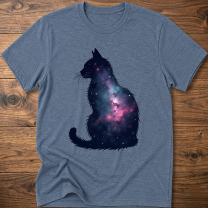 Heather light blue t-shirt with galaxy cat graphic on the front