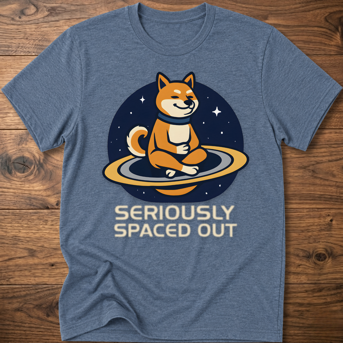 Light blue dog astronaut graphic t-shirt with "SERIOUSLY SPACED OUT" text