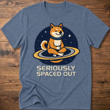Light blue dog astronaut graphic t-shirt with "SERIOUSLY SPACED OUT" text