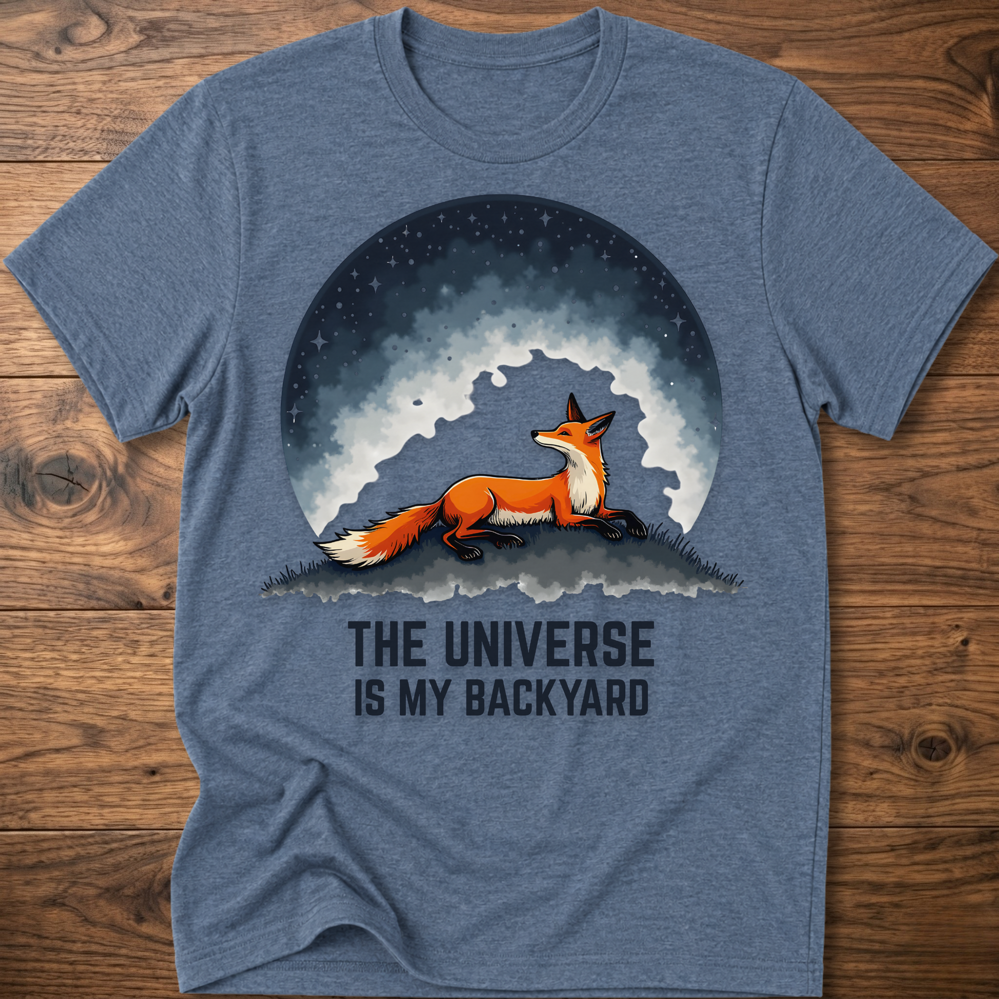 Blue crewneck T-shirt with fox under space dome graphic and 'The Universe Is My Backyard'
