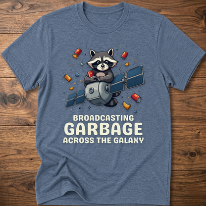 Heather blue crew-neck T-shirt with raccoon holding megaphone graphic and “Broadcasting Garbage” text.