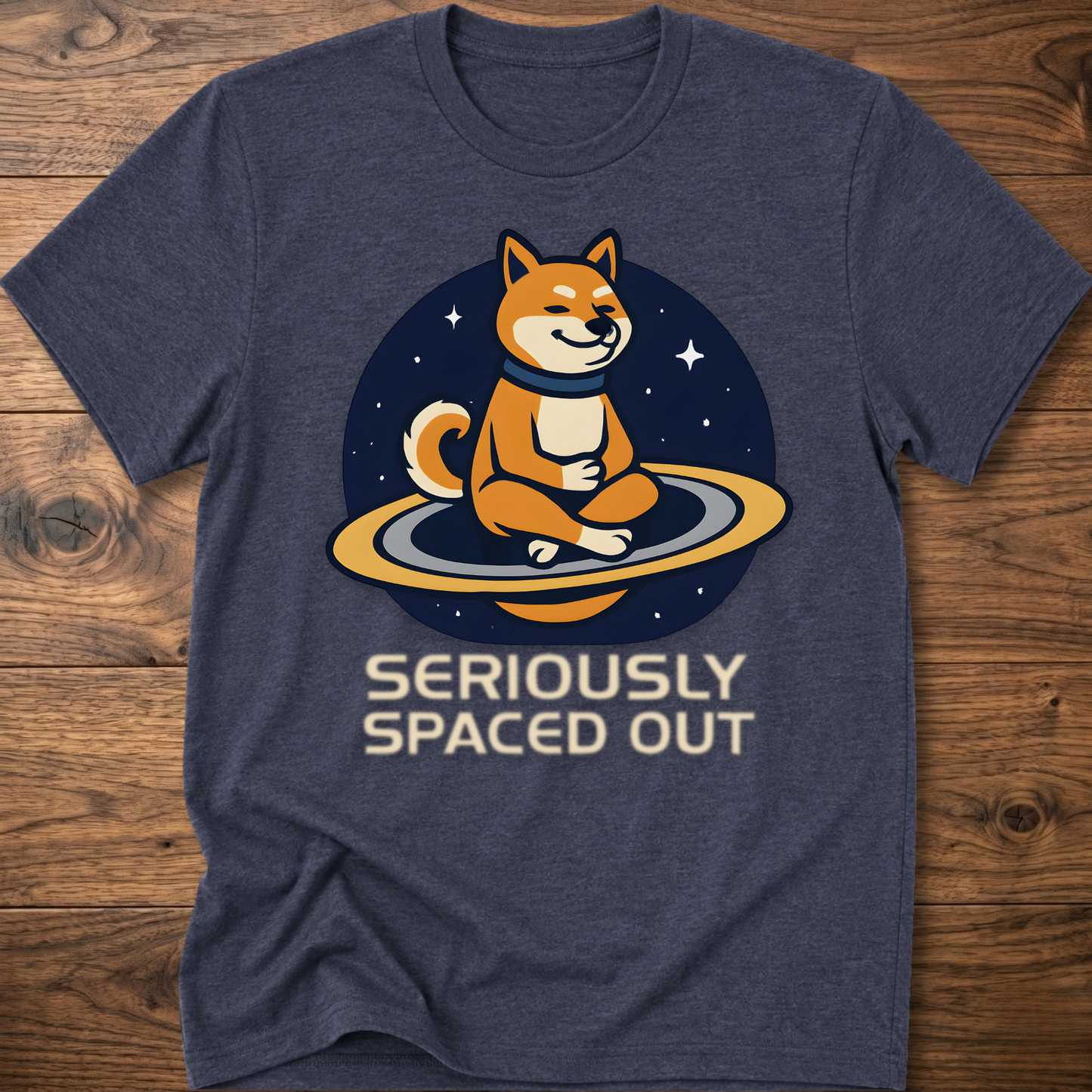 Heather navy dog astronaut graphic t-shirt with "SERIOUSLY SPACED OUT" text