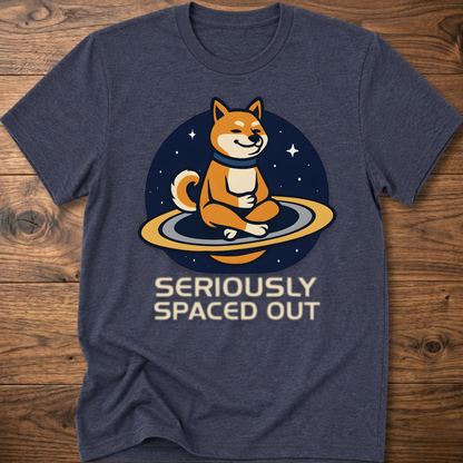 Heather navy dog astronaut graphic t-shirt with "SERIOUSLY SPACED OUT" text