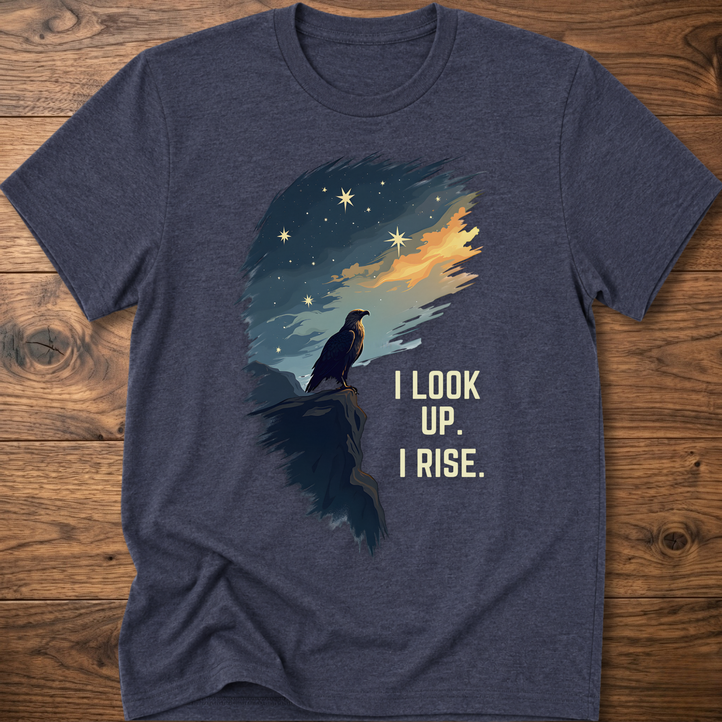 Heather navy T-shirt with raven sunrise graphic and 'I LOOK UP. I RISE.'