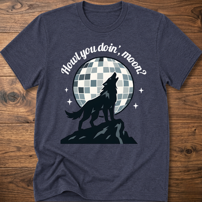 Navy blue wolf graphic T-shirt with circular check background and slogan text