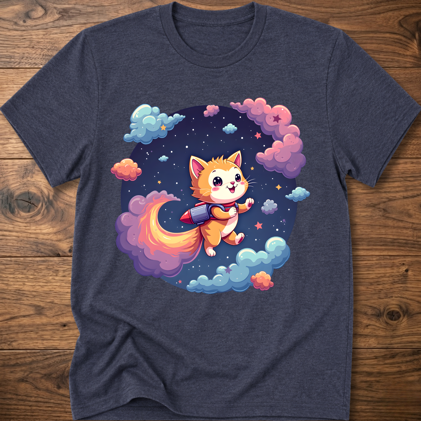 Heather navy kids' graphic T-shirt with smiling orange astronaut cat in a galaxy wreath