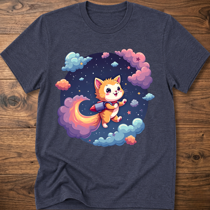 Heather navy kids' graphic T-shirt with smiling orange astronaut cat in a galaxy wreath