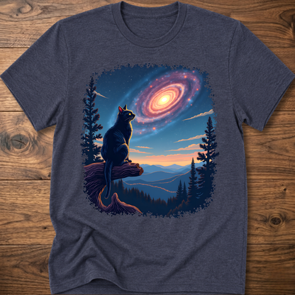 Heather navy-blue cat galaxy t-shirt with standing cat, spiral nebula, pine trees