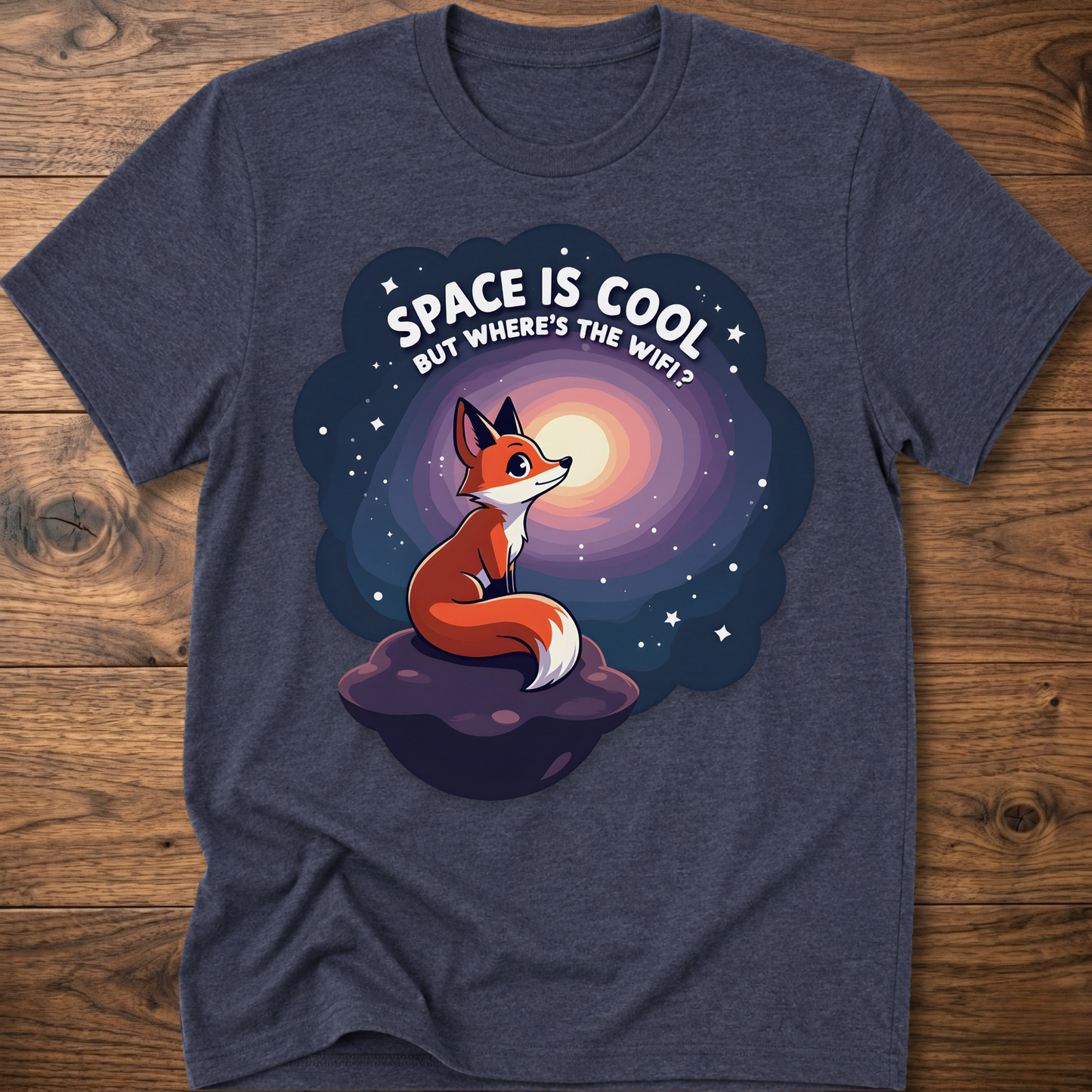 Charcoal gray t-shirt with cartoon fox in space swirl graphic and “SPACE IS COOL” text