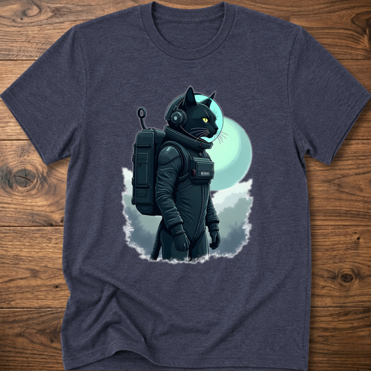 Heather navy t-shirt with astronaut cat graphic holding a device