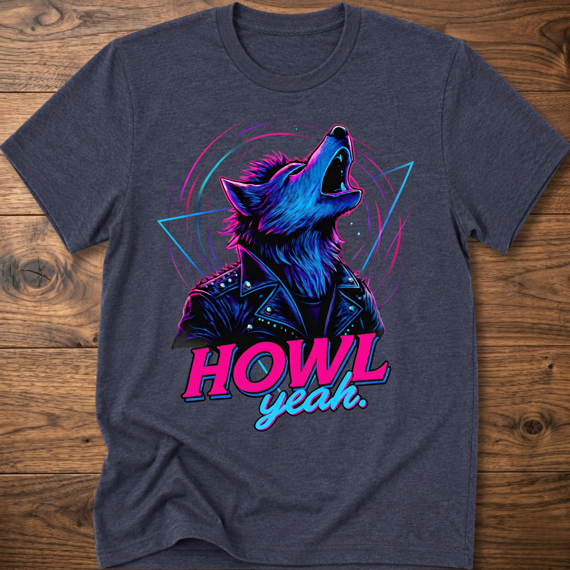 Medium gray wolf graphic t-shirt with neon 'Howl Yeah' text print