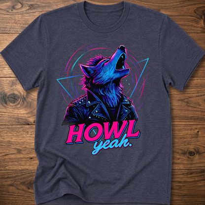 Medium gray wolf graphic t-shirt with neon 'Howl Yeah' text print
