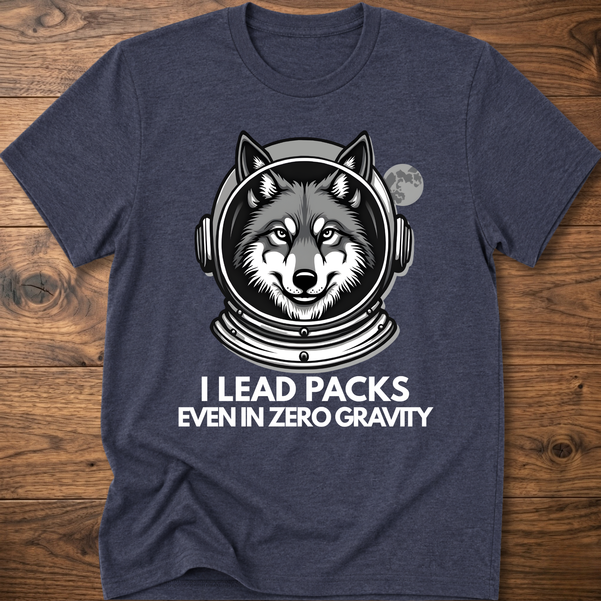 Dark blue T-shirt with husky astronaut graphic and "I Lead Packs Even in Zero Gravity" text