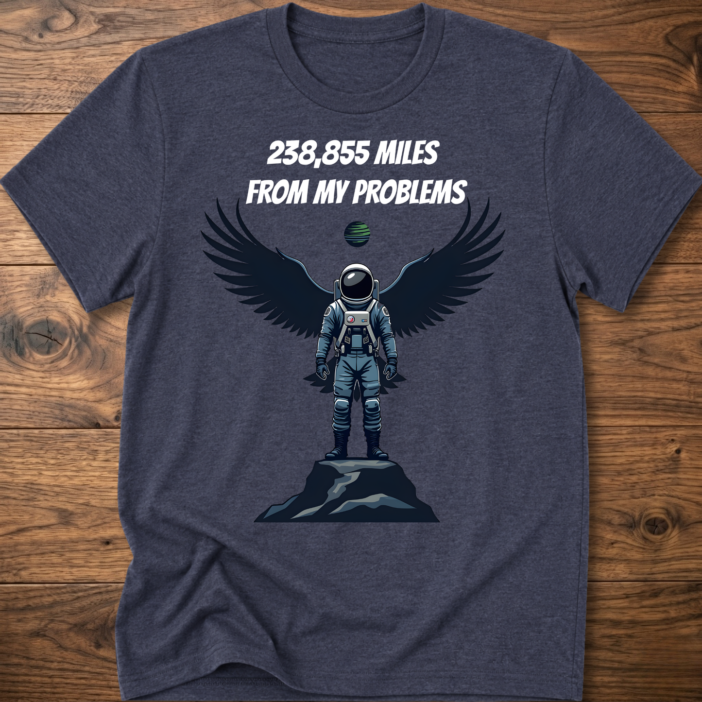 Charcoal crewneck t-shirt with astronaut-eagle graphic and text '238,855 Miles'.