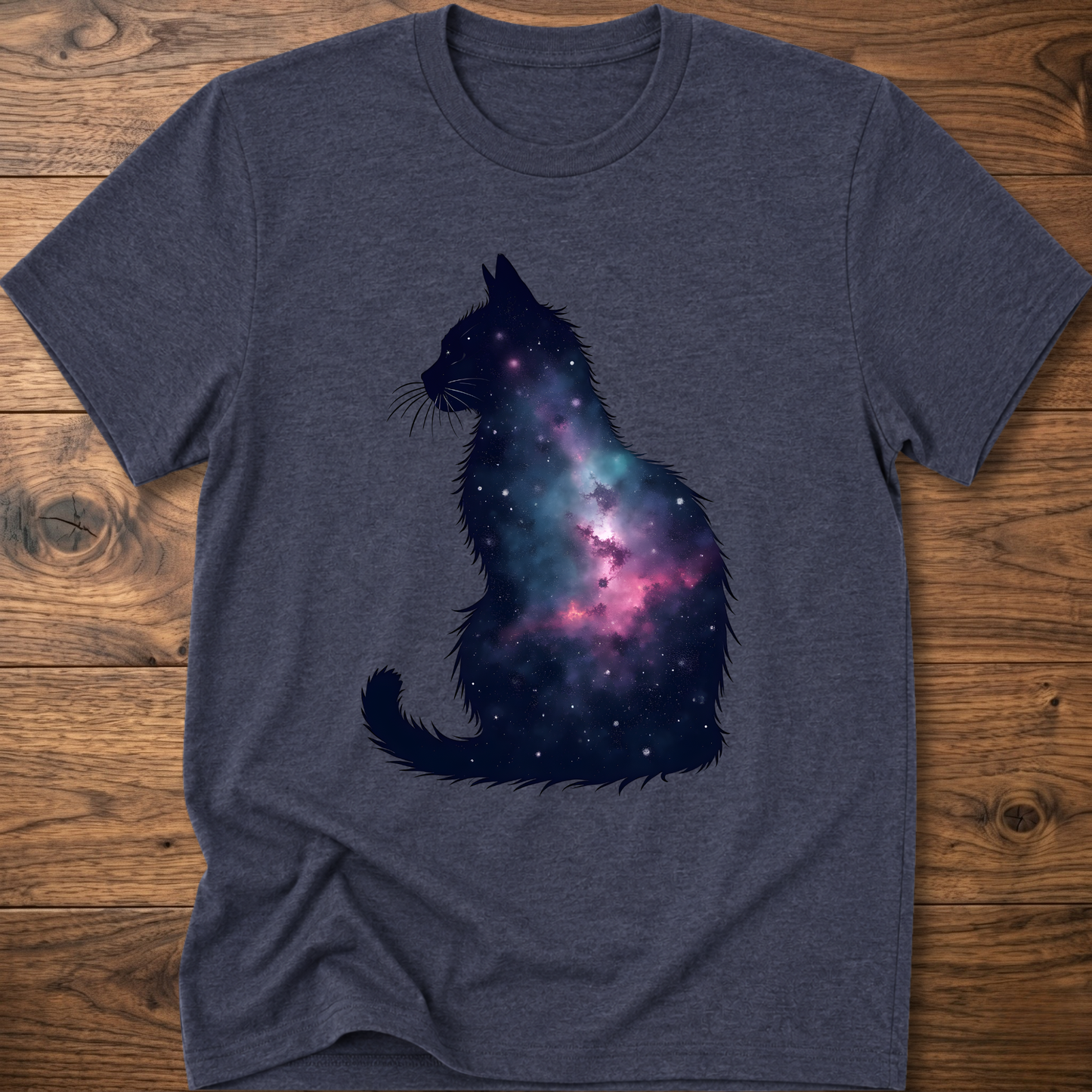 Heather navy t-shirt with galaxy cat graphic on the front