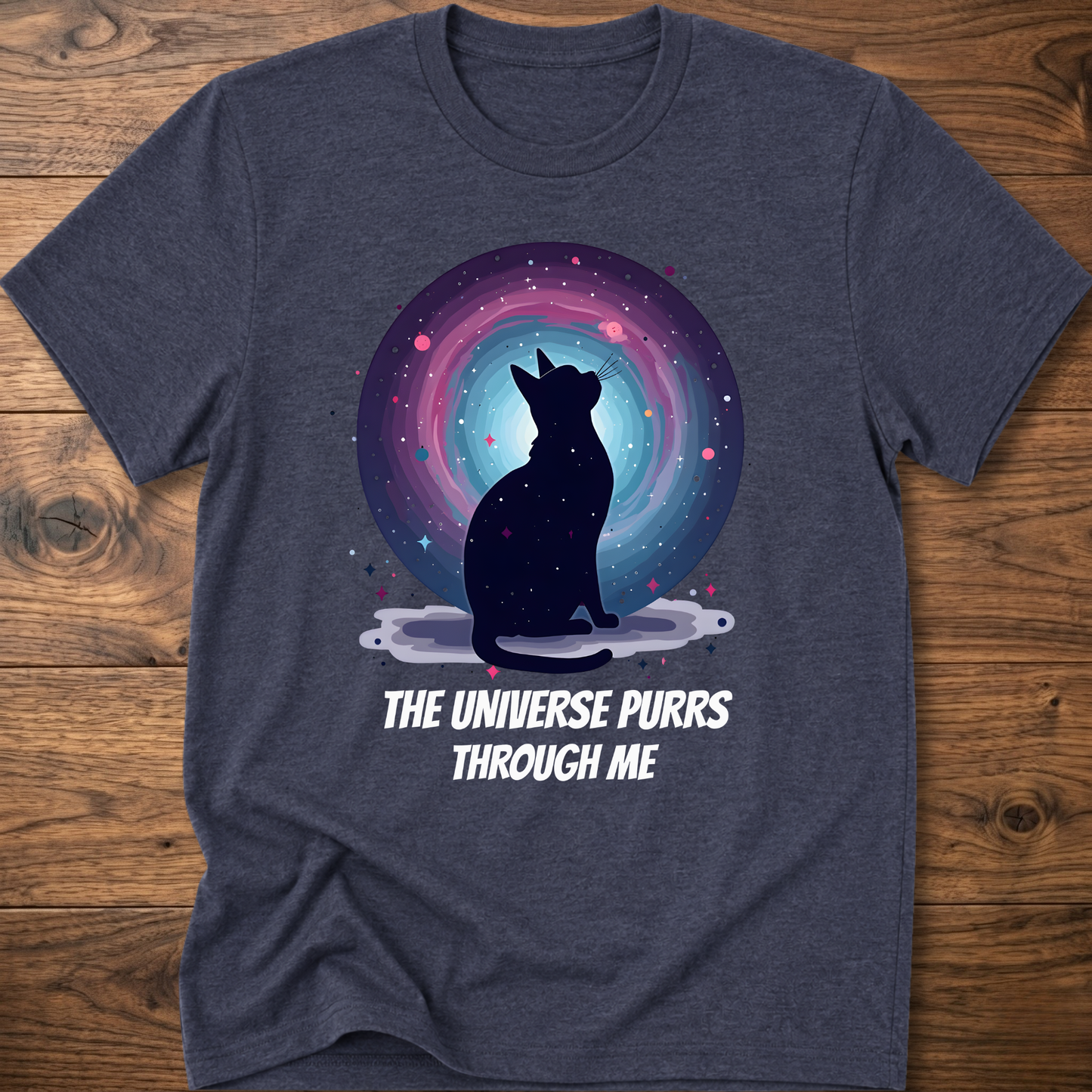 Charcoal cat t-shirt with cosmic cat silhouette and purple "The universe purrs through me" text