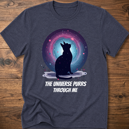 Charcoal cat t-shirt with cosmic cat silhouette and purple "The universe purrs through me" text
