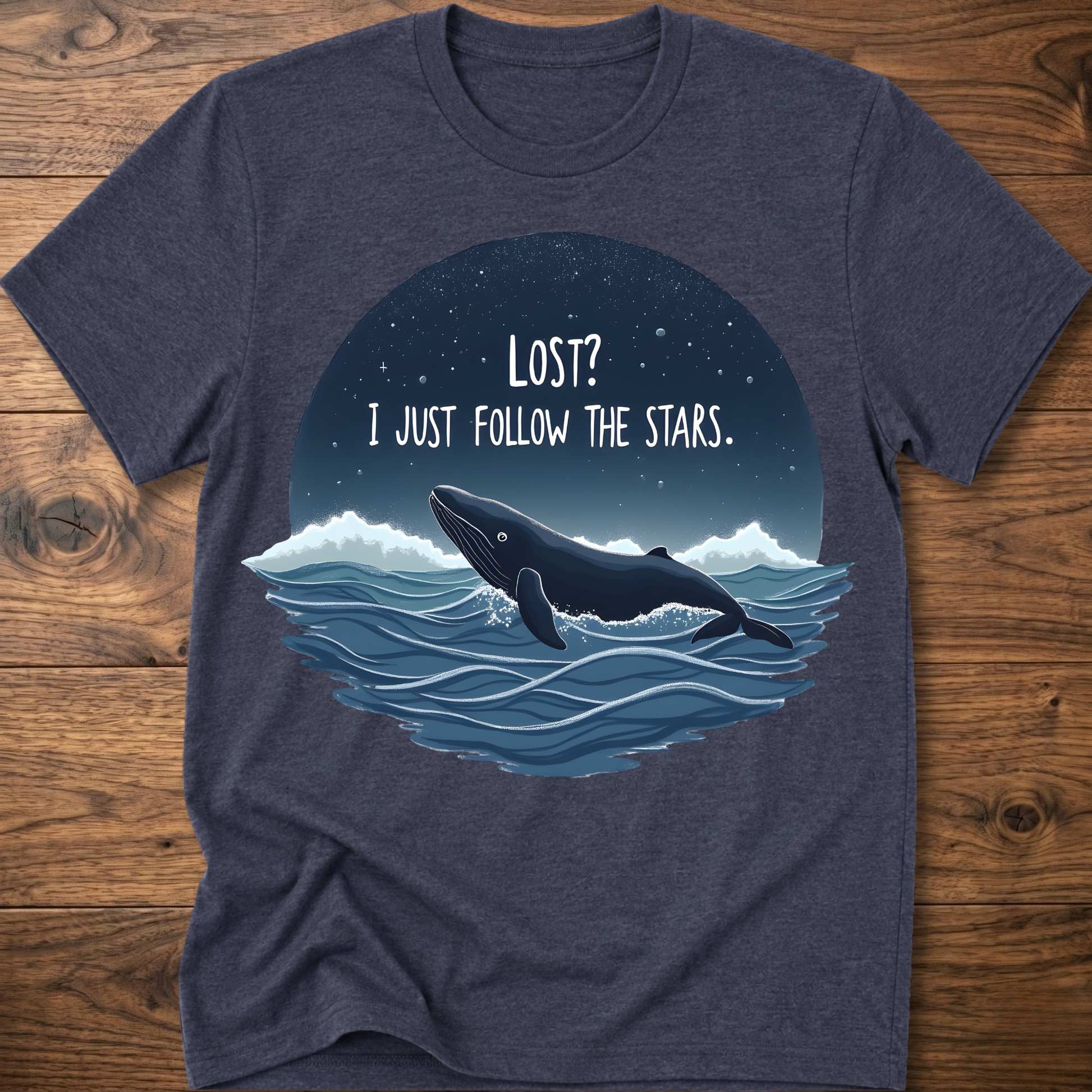 Dark gray whale graphic t-shirt with circular “LOST? I JUST FOLLOW THE STARS.” print