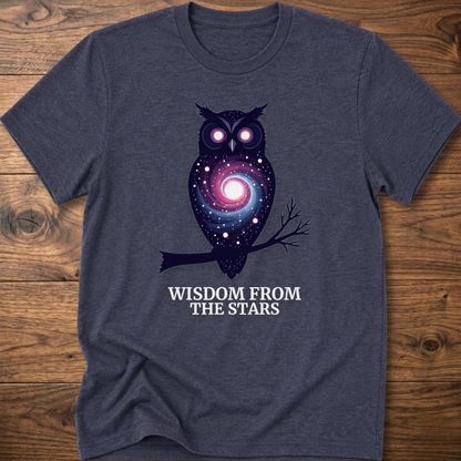 Charcoal gray owl graphic t-shirt with glowing eyes and “Wisdom from the Stars” text