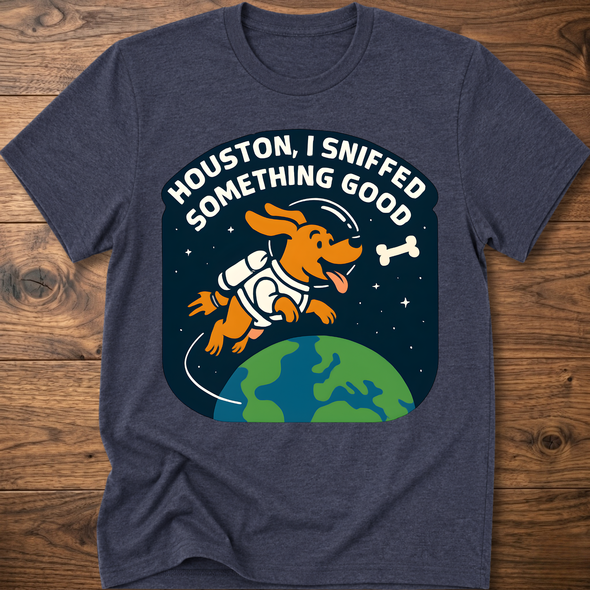 Dark blue heather dog-themed graphic T-shirt with bone and earth illustration