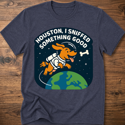 Dark blue heather dog-themed graphic T-shirt with bone and earth illustration
