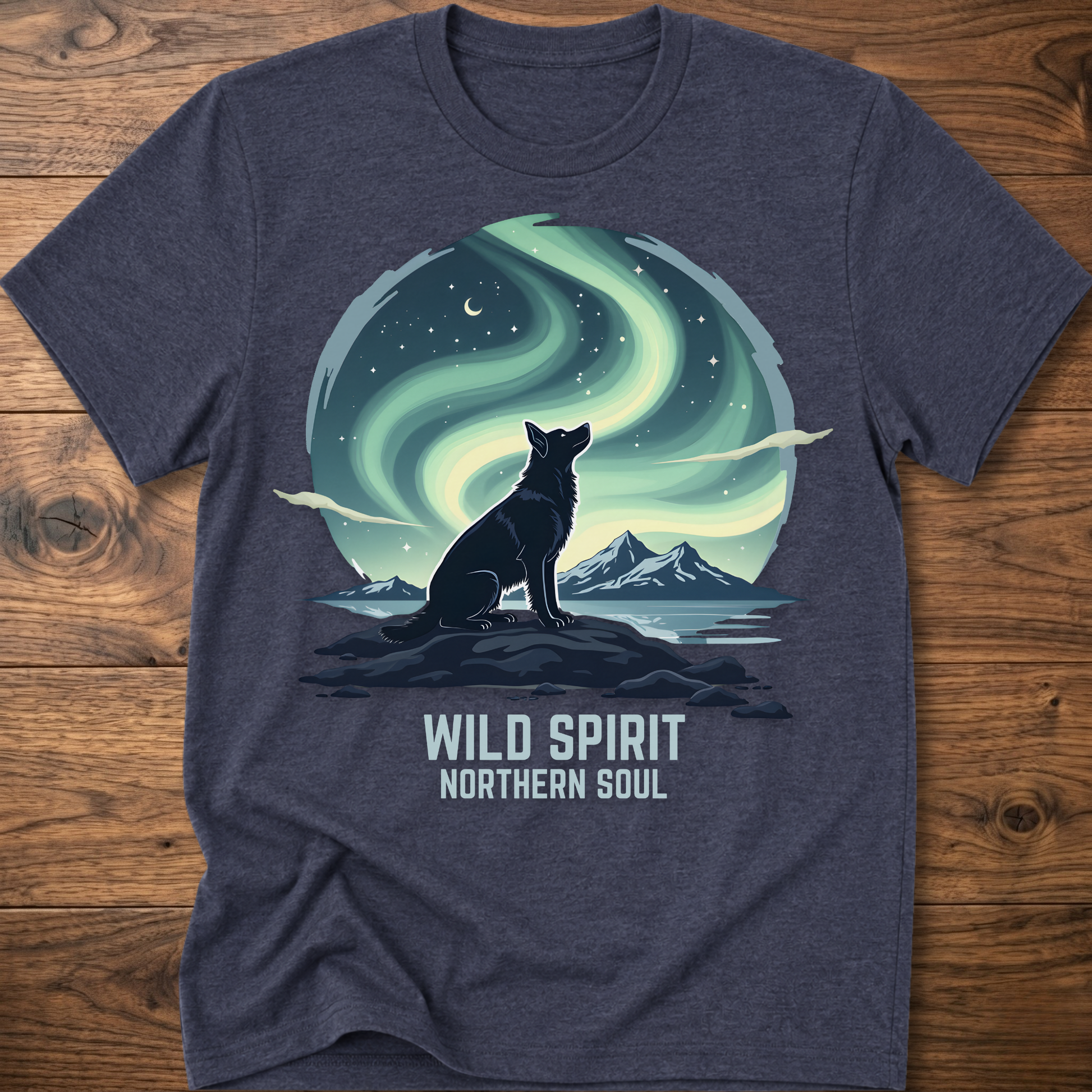 Dark gray crewneck T-shirt with cat aurora graphic and 'WILD SPIRIT NORTHERN SOUL'