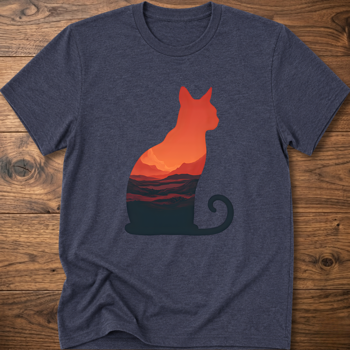 Martian cat graphic t-shirt, dark heather blue; orange cat sunset landscape print