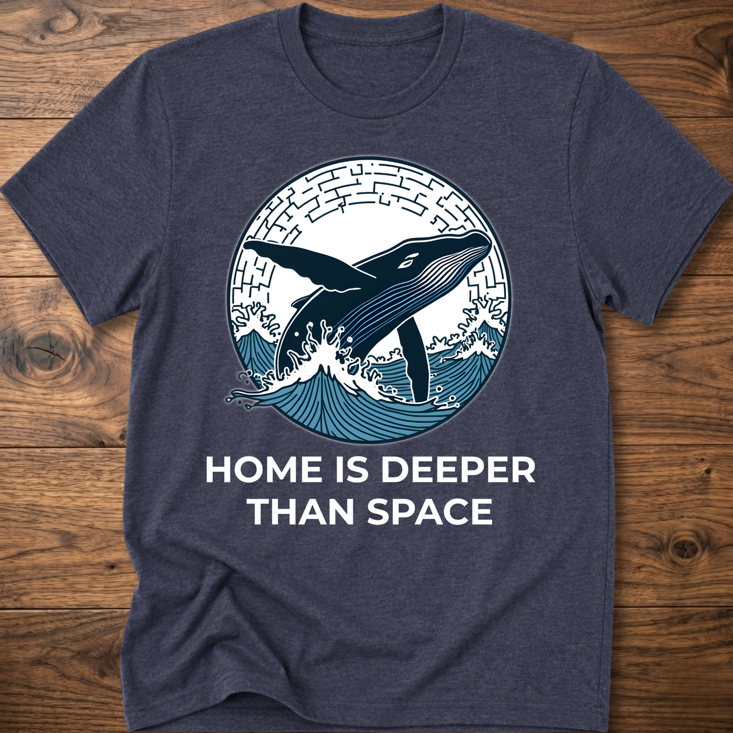 Navy heather T-shirt with whale surf graphic and “HOME IS DEEPER THAN SPACE” text
