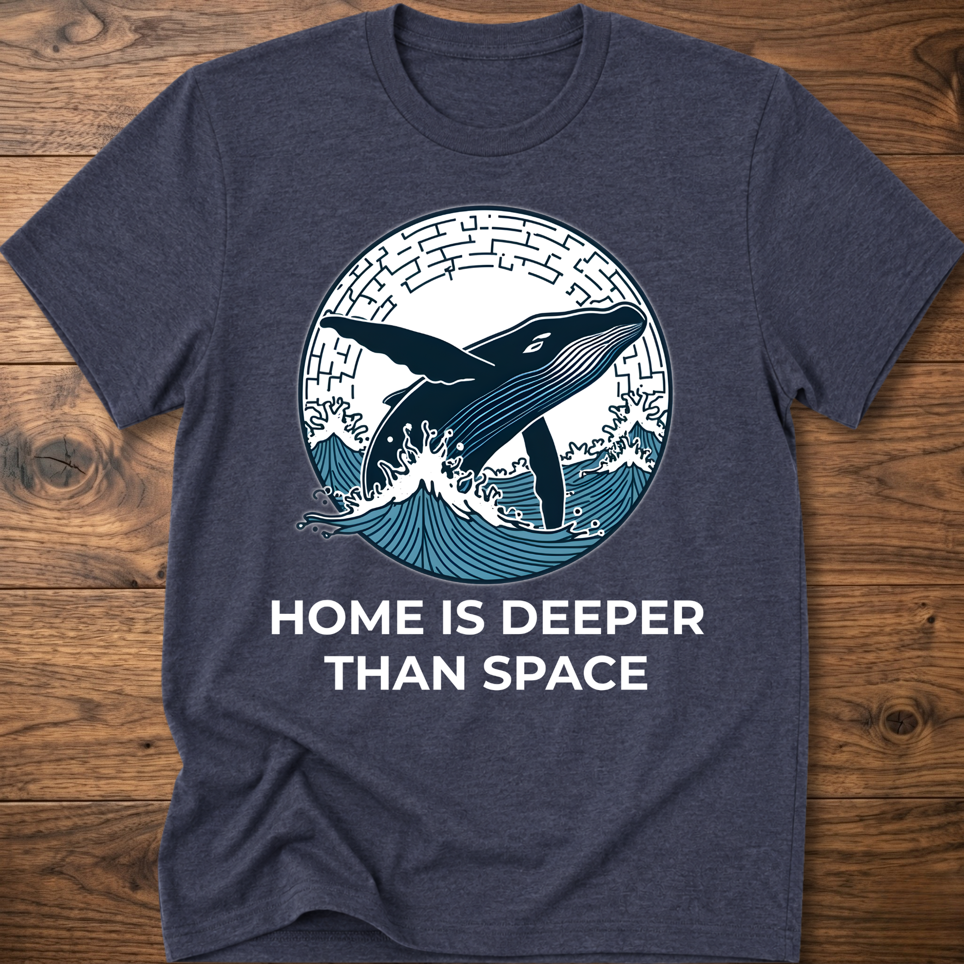 Navy heather T-shirt with whale surf graphic and “HOME IS DEEPER THAN SPACE” text