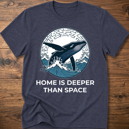 Navy heather T-shirt with whale surf graphic and “HOME IS DEEPER THAN SPACE” text