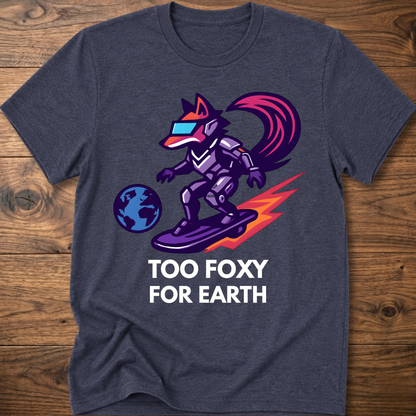 Heather navy T-shirt with fox astronaut graphic: 'TOO FOXY FOR EARTH'
