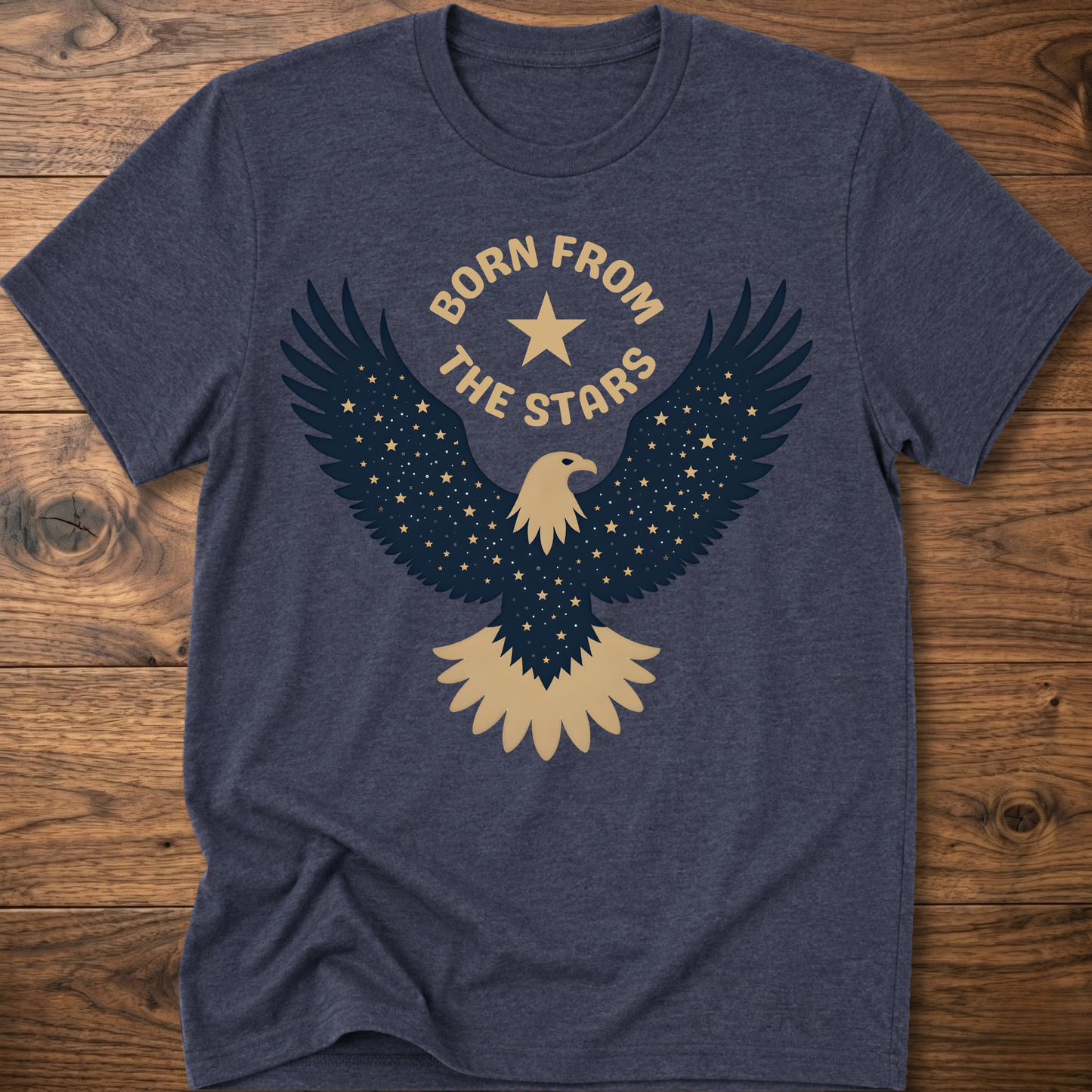 Heather indigo graphic eagle T-shirt with 'Born From the Stars' star-wing emblem