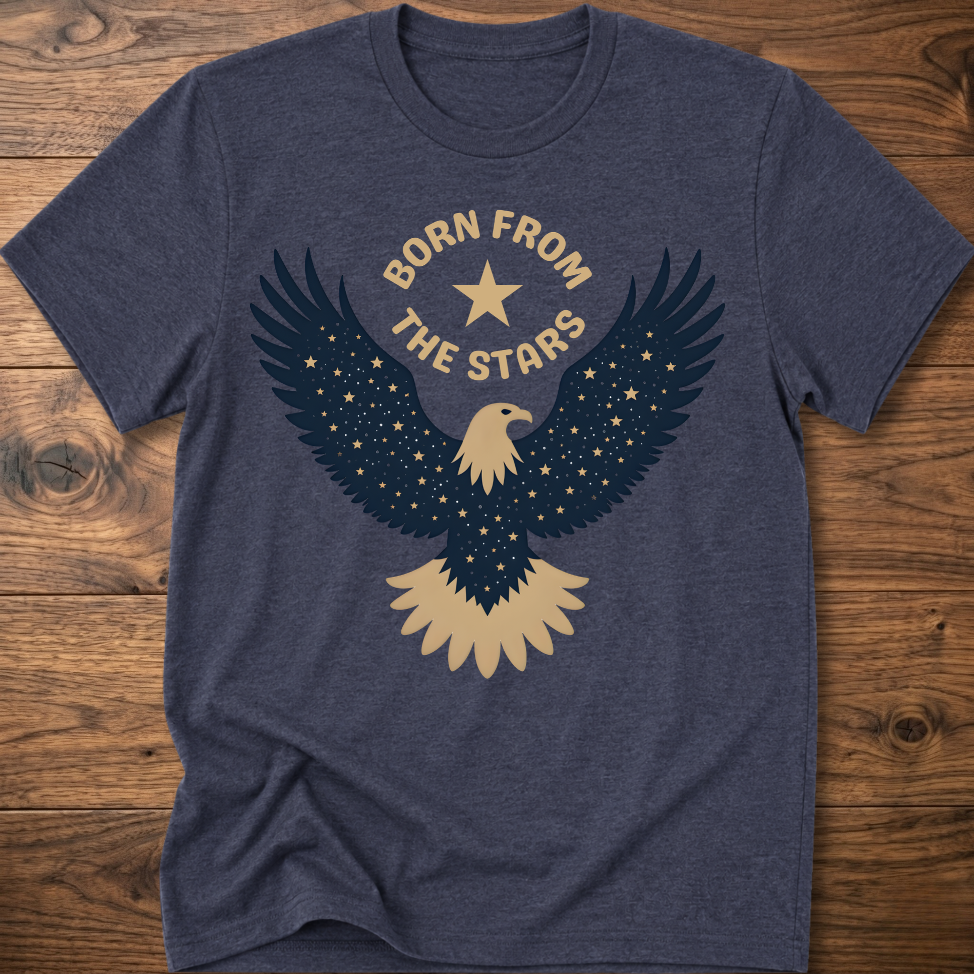Heather indigo graphic eagle T-shirt with 'Born From the Stars' star-wing emblem