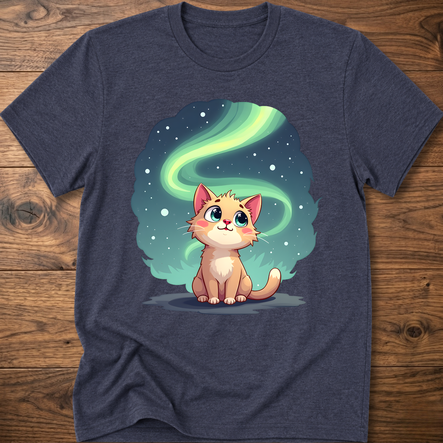 Navy gray kitty graphic t-shirt with glowing green swirl and cute cat