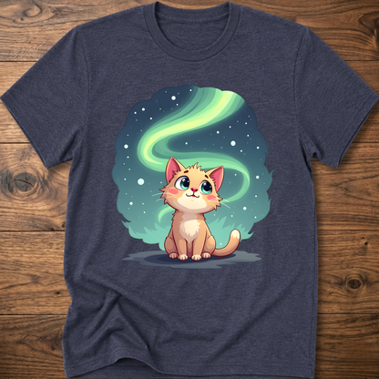 Navy gray kitty graphic t-shirt with glowing green swirl and cute cat