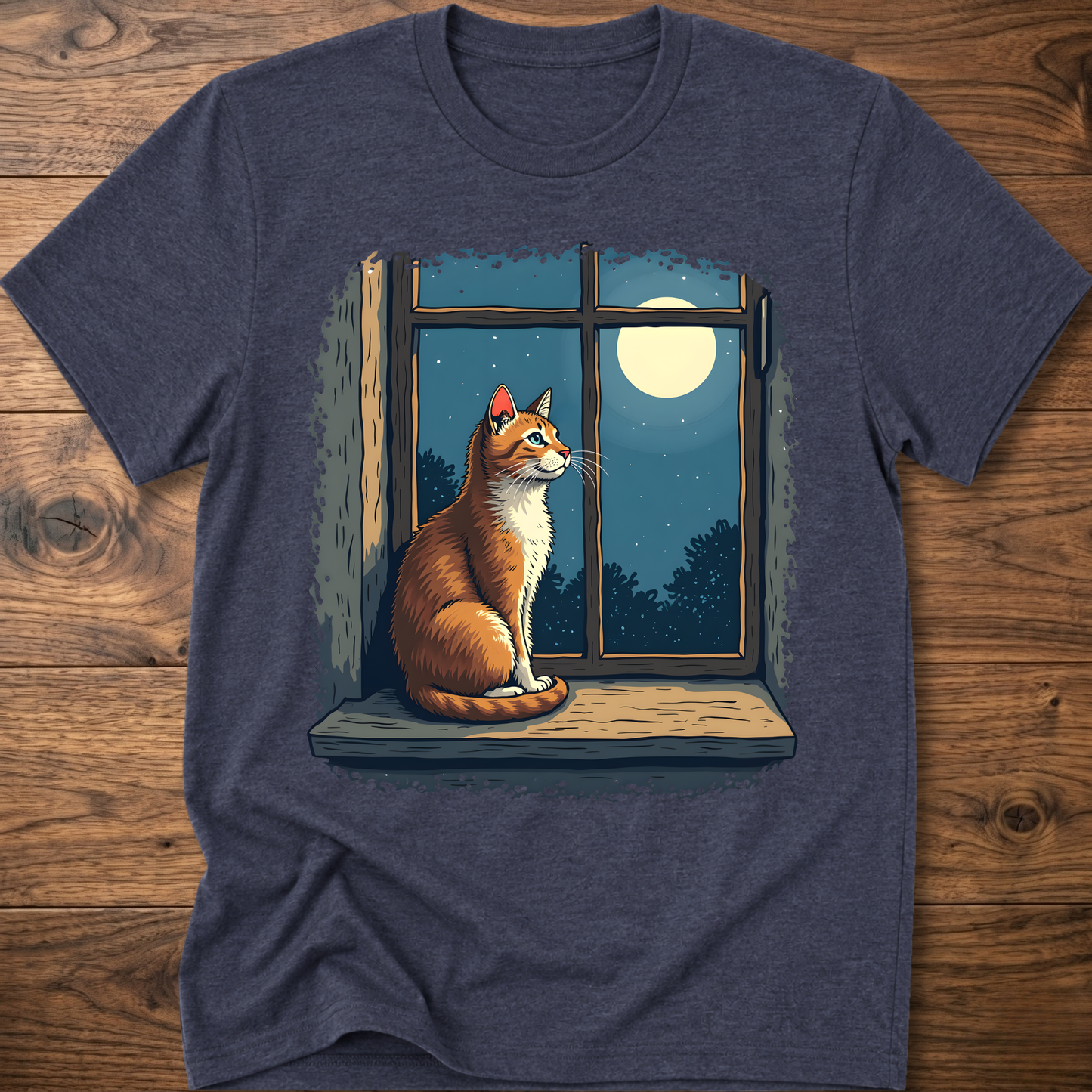 Heather navy t-shirt with vintage cat sitting by a window under a moon
