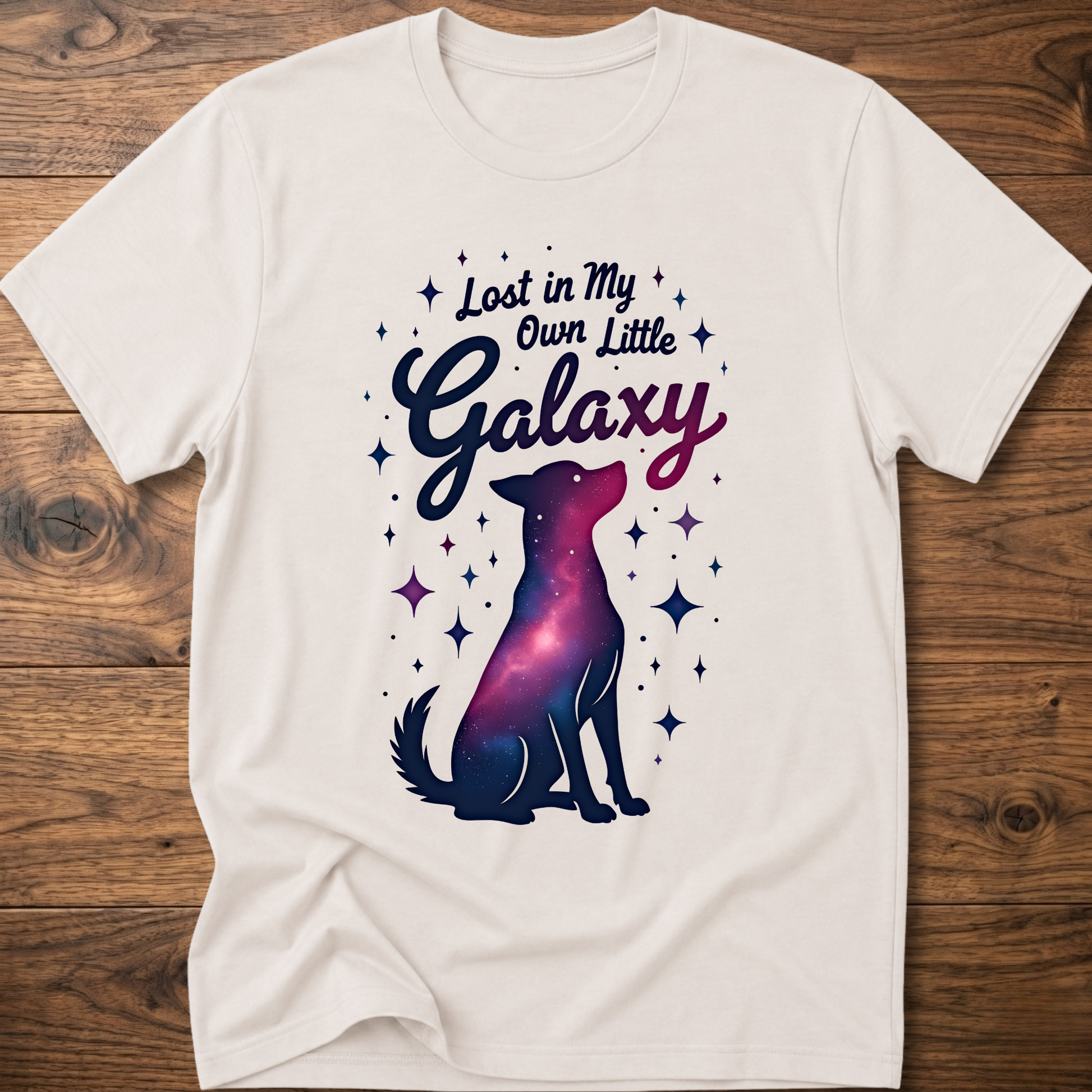 White crewneck dog T-shirt with galaxy graphic and starry silhouette