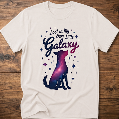 White crewneck dog T-shirt with galaxy graphic and starry silhouette