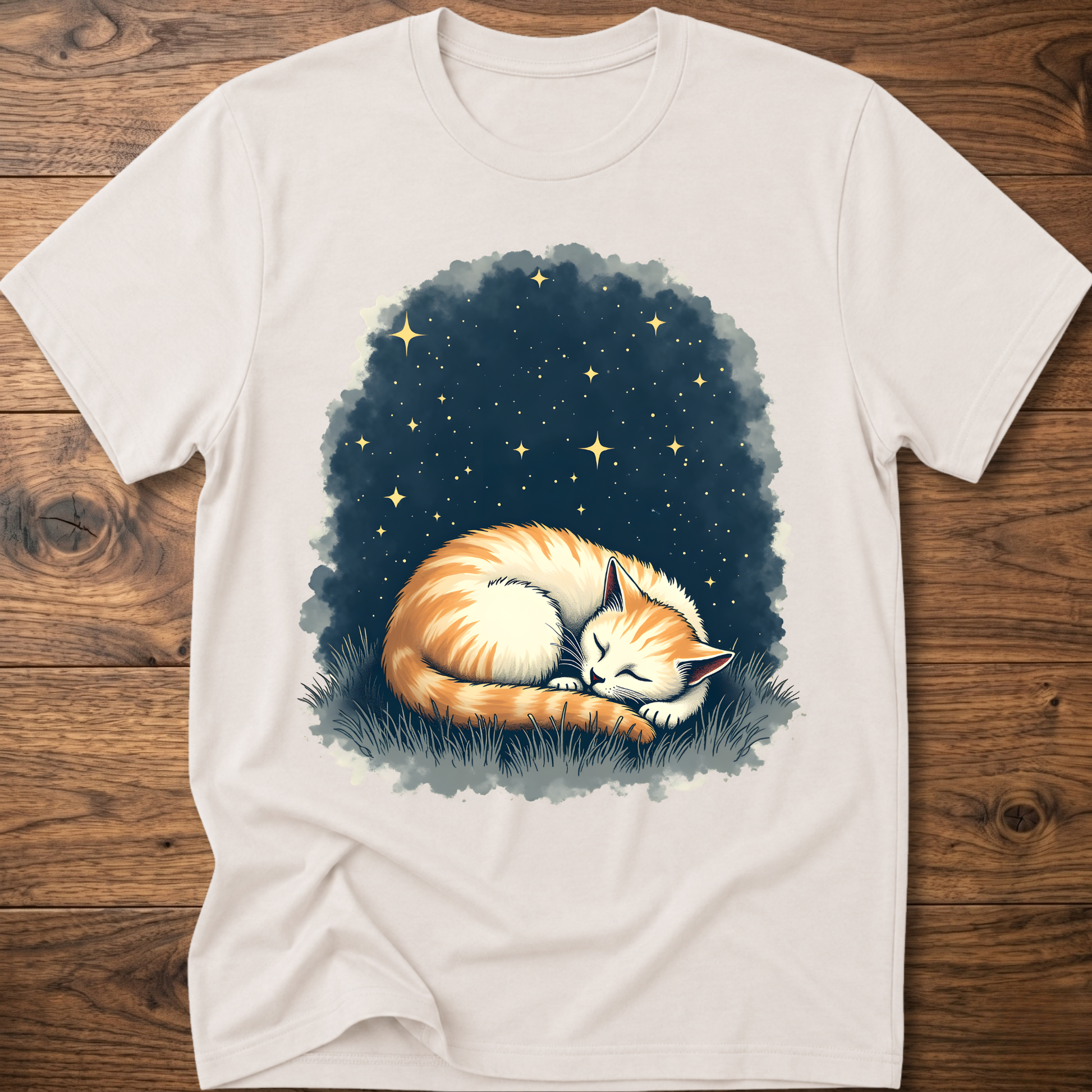 Vintage cat graphic t-shirt in white, sleeping cat starlight print