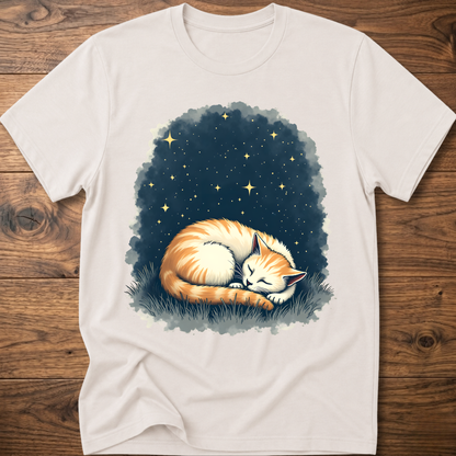 Vintage cat graphic t-shirt in white, sleeping cat starlight print