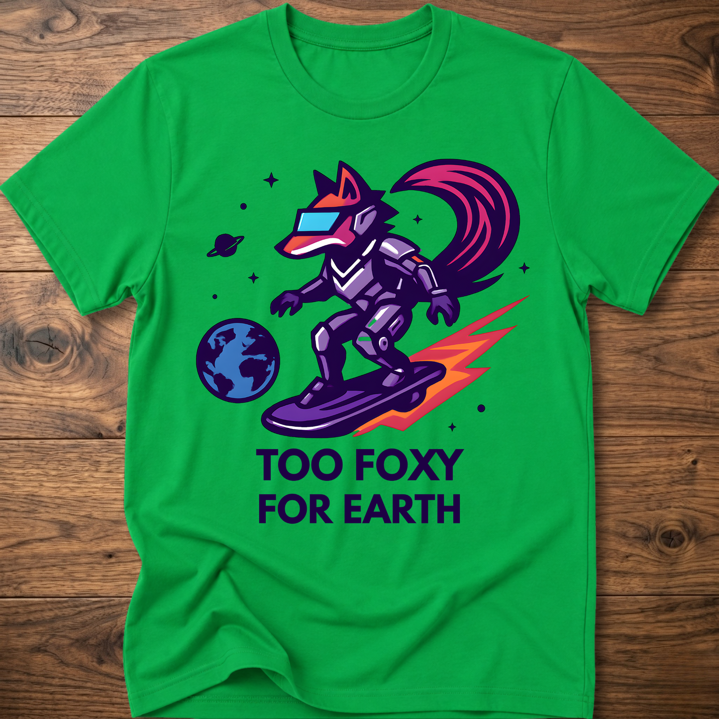 Green T-shirt with fox astronaut graphic: 'TOO FOXY FOR EARTH'