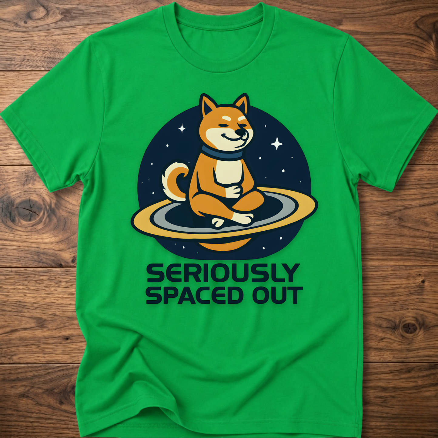 Green dog astronaut graphic t-shirt with "SERIOUSLY SPACED OUT" text