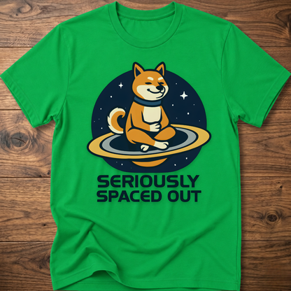 Green dog astronaut graphic t-shirt with "SERIOUSLY SPACED OUT" text