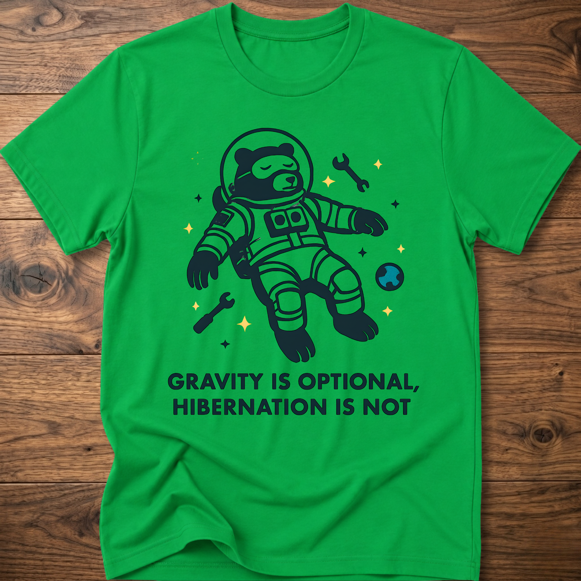 Hibernation bear astronaut t-shirt in green with front astronaut bear graphic and slogan text