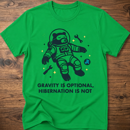 Hibernation bear astronaut t-shirt in green with front astronaut bear graphic and slogan text