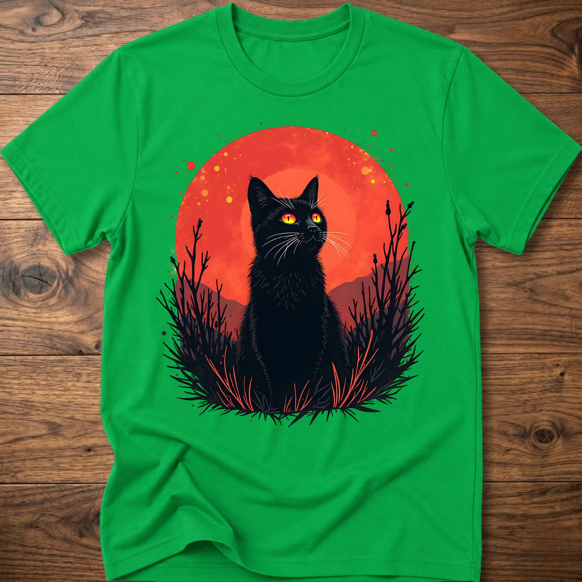 Green T-shirt with black cat graphic in red-orange halo and night-plant silhouettes