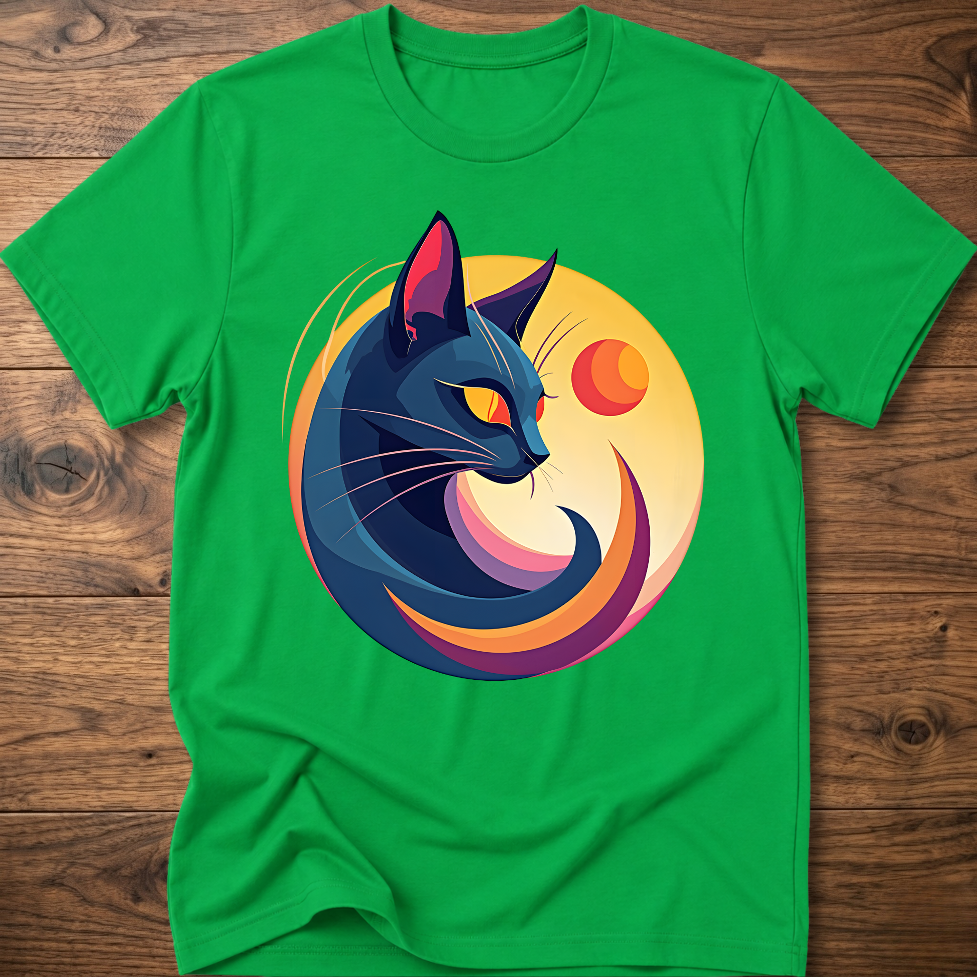 Green cat and moon geometric graphic t-shirt, short-sleeve crew neck