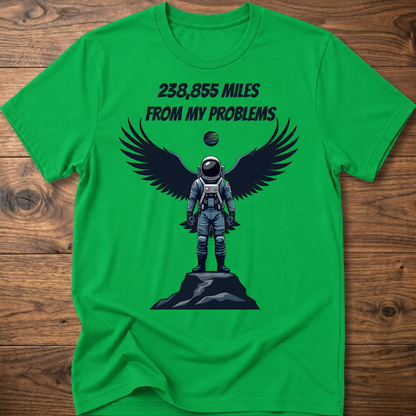 Green crewneck t-shirt with astronaut-eagle graphic and text '238,855 Miles'.