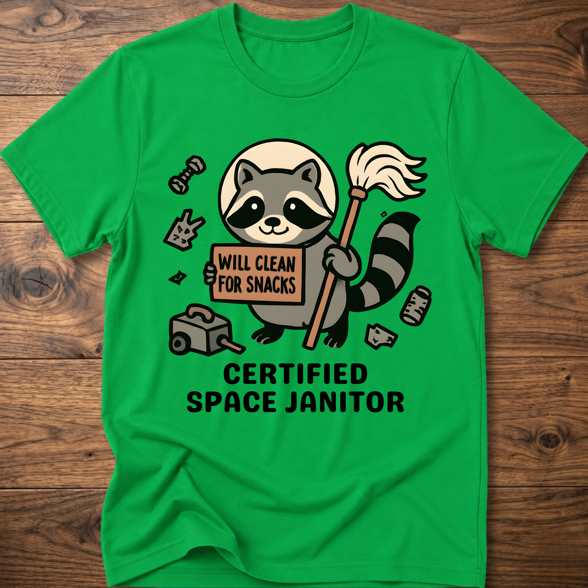 Raccoon space janitor graphic t-shirt, green